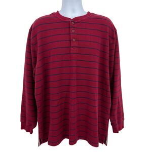 LL Bean XXL Burgundy Red & Blue Stripe Long Sleeve Waffle Knit Henley Shirt